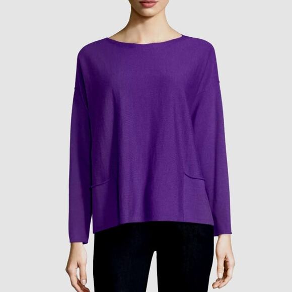 Eileen Fisher Merino wool sweater, NEW purple oversize xs boatneck with pockets - Picture 1 of 8